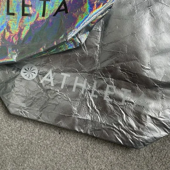 Athleta Reusable Shopping Bags Silver Shiny Iridescent Lot of 2 - Picture 4 of 5
